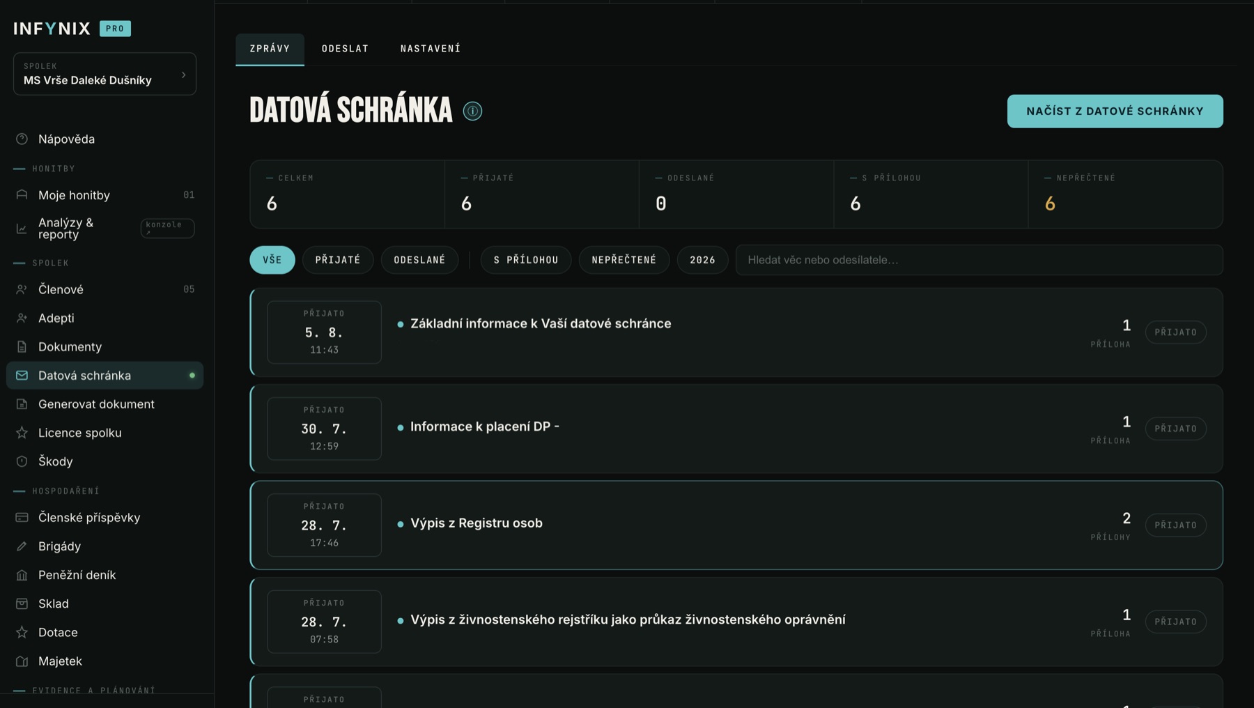 Modul Datová schránka v Infynix PRO — seznam přijatých zpráv z ISDS s počty a filtry, tlačítko Načíst z datové schránky