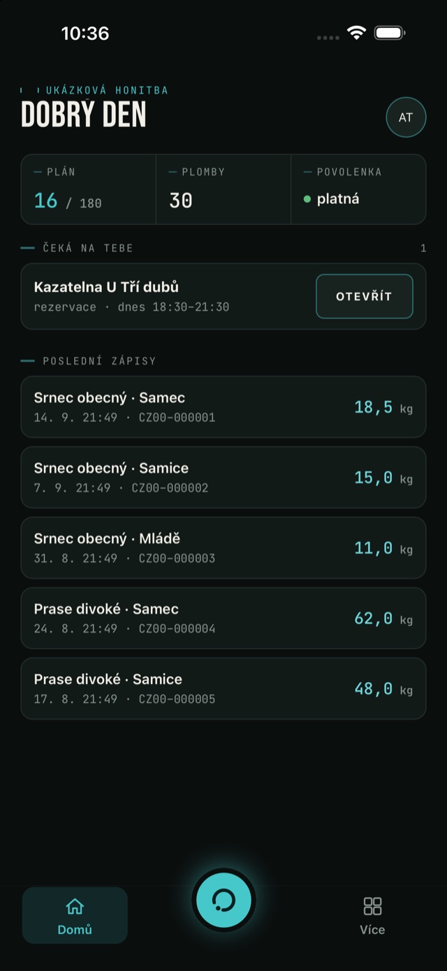 Úvodní obrazovka aplikace — plán, plomby, povolenka, rezervace, která čeká, a poslední zápisy