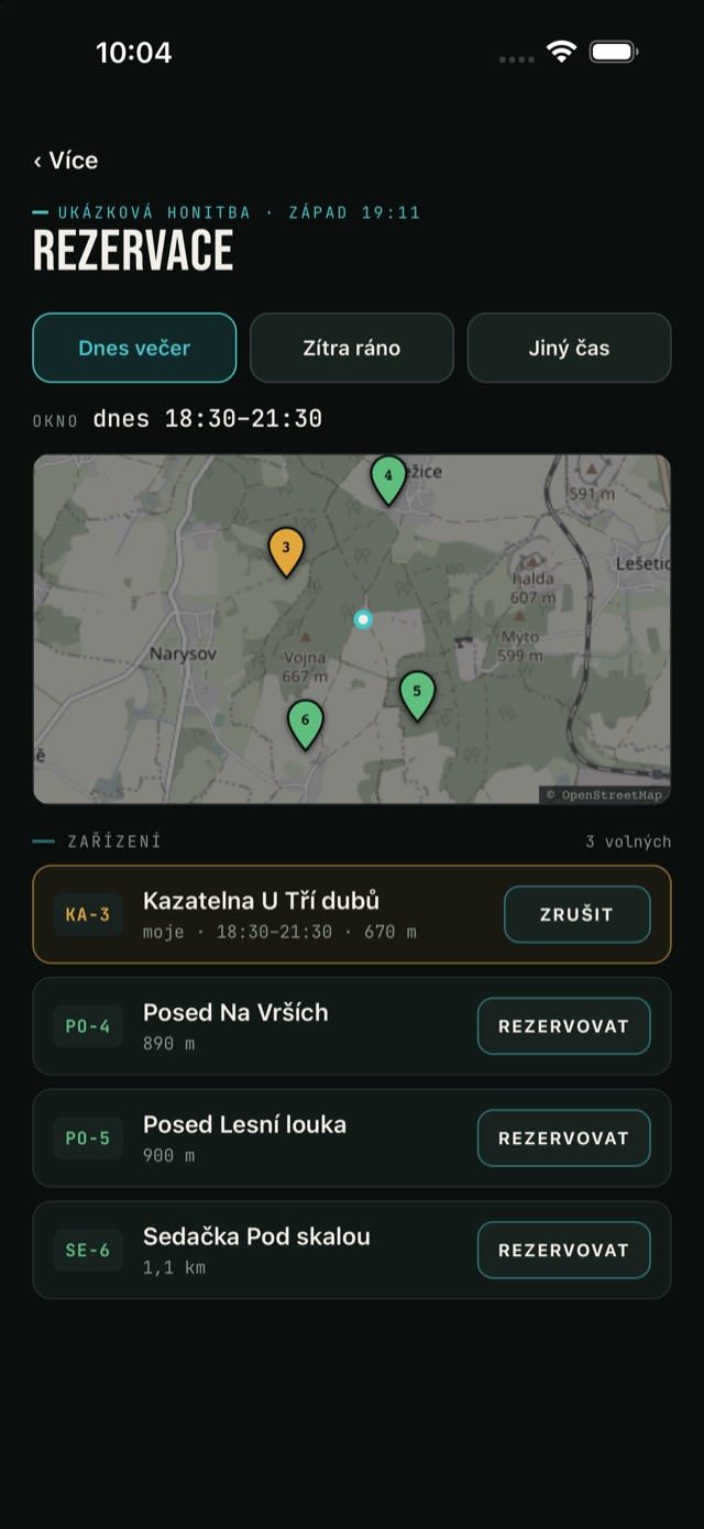 Rezervace mysliveckých zařízení v mobilní aplikaci — mapa honitby a seznam volných posedů