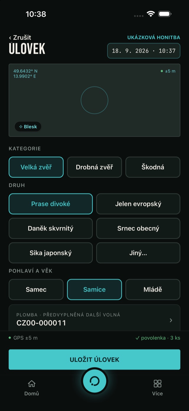 Zápis úlovku v mobilní aplikaci — poloha, kategorie, druh, pohlaví a předvyplněná plomba
