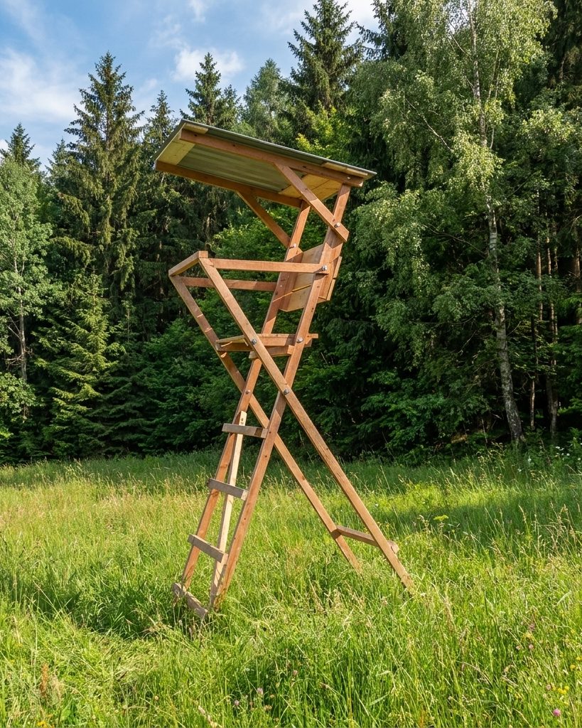 Dřevěná sedačka se stříškou na kraji louky u lesa